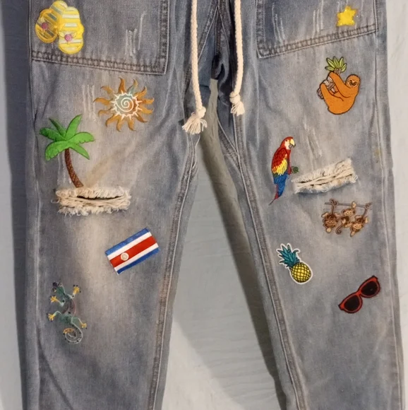 Really Cute Embroidered Patches On Denim Joggers with Drawstring - Picture 2 of 13